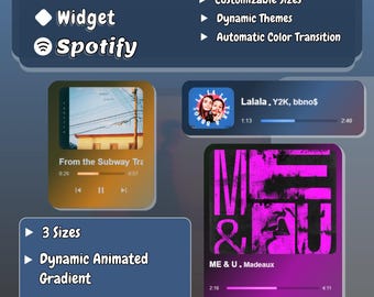 May include: Animated Spotify widget with customizable sizes, dynamic themes, and automatic color transitions. The widget displays two music players, one with a song titled "Lalala. Y2K, bbno$" and the other with a song titled "ME & U. Madeaux".