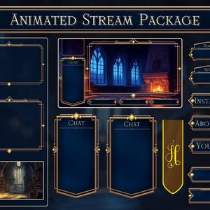 Może przedstawiać: Animowany pakiet streamingu z ciemnoniebieskim i złotym wzorem w stylu art deco. Pakiet zawiera okna czatu, główny wyświetlacz i przyciski mediów społecznościowych. Główny wyświetlacz przedstawia gotyckie wnętrze z kominkiem i łukowymi oknami.