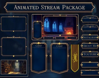 May include: An animated stream package in a dark blue and gold art deco style. It features chat boxes, a main display, and social media buttons. The main display shows a gothic interior with a fireplace and arched windows.