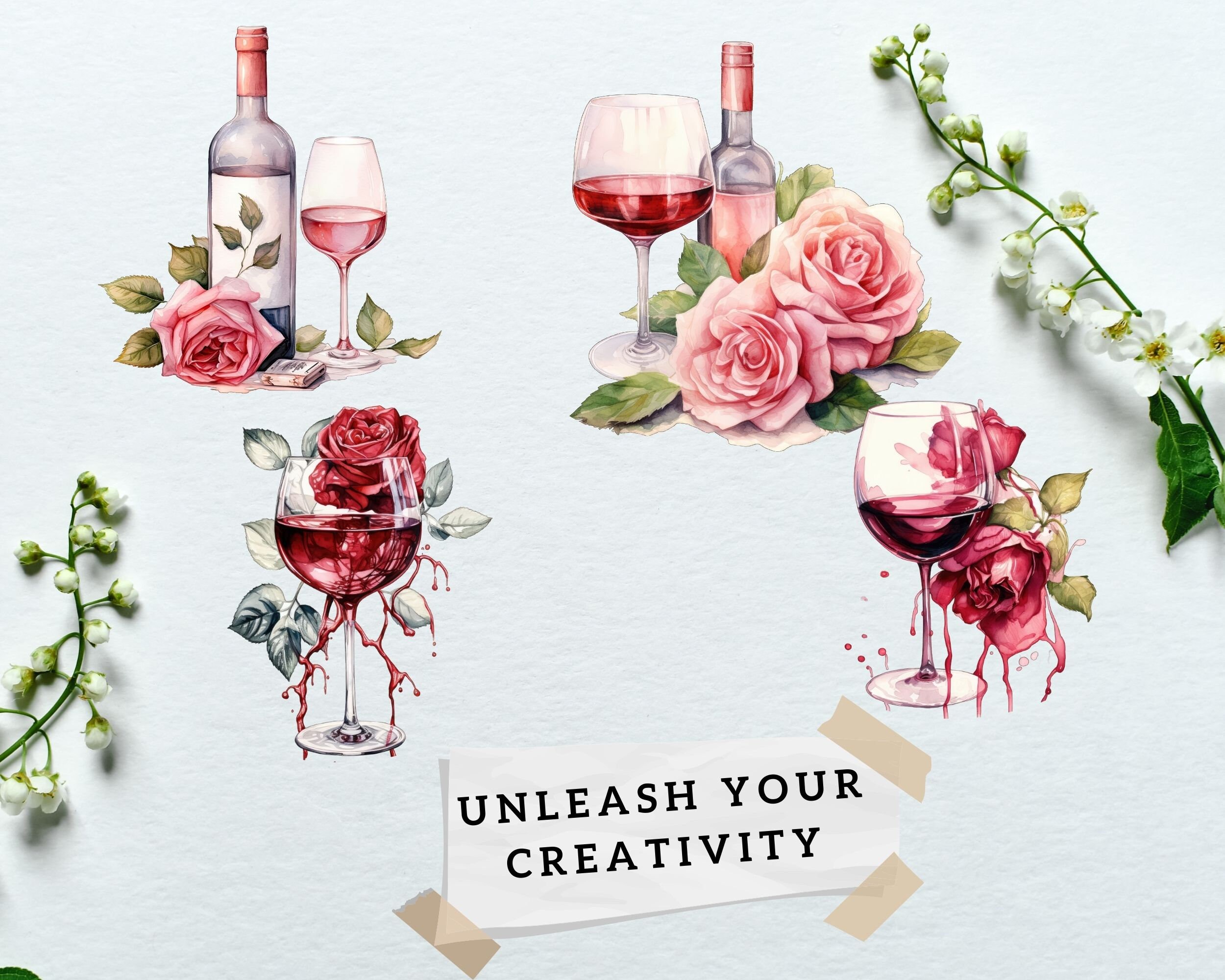 Watercolor Rosé Wine Clip Art Rosé Wine Art Illustrations Etsy