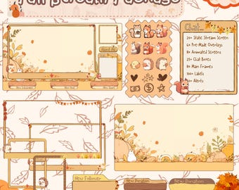 Op de afbeelding: Een Twitch-streampakket met herfstthema met meer dan 400 assets. Het pakket bevat geanimeerde schermen, chatboxen, overlays en meldingen. Het ontwerp bevat een schattig eekhoorn, een egel en andere bosdieren in een warme kleurenpalet.
