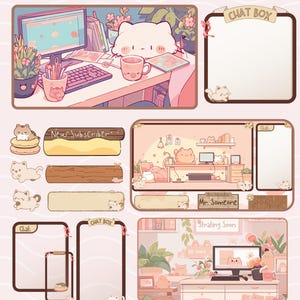 Op de afbeelding: Een geanimeerd stream-pakket in zachte roze tinten met diverse digitale overlays. Het pakket bevat een chatbox, een banner voor nieuwe abonnees en scènekaders versierd met illustraties van kleine katten, kamerplanten en bureaus.