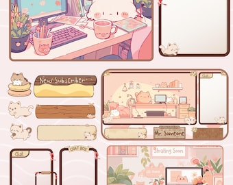 Puede incluir: Un paquete de streaming animado con una paleta de colores rosa suave y varios elementos digitales. Incluye una caja de chat, un banner para nuevos suscriptores y marcos de escena decorados con ilustraciones de gatos y plantas en macetas.