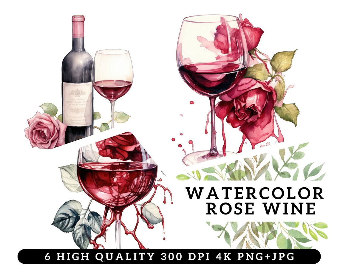 Watercolor Rosé Wine Clip Art Rosé Wine Art Illustrations Etsy