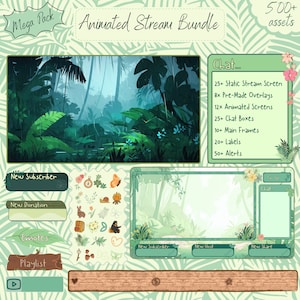May include: A green and white animated stream bundle with over 500 assets. The bundle includes static stream screens, overlays, animated screens, chat boxes, main frames, labels, and alerts. The image features a jungle scene with a green background and a wooden frame.