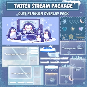 Pode incluir: Um pacote de sobreposição de stream do Twitch com ilustrações de pinguins fofinhos. A sobreposição inclui uma tela de início, uma caixa de bate-papo, uma tela de novo host e uma tela de objetivos. A sobreposição é projetada em um esquema de cores azul e branco com flocos de neve e estrelas.
