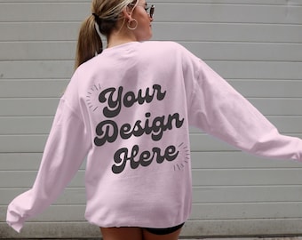 Gildan 18000 Mockup Light Pink Back Model Gildan 18000 Crewneck Mockup Light Pink Back Mockup Sweatshirt Mockup Light Pink 18000 Model