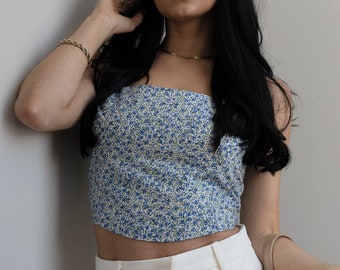 Blue Floral Print Crop Top with Straps