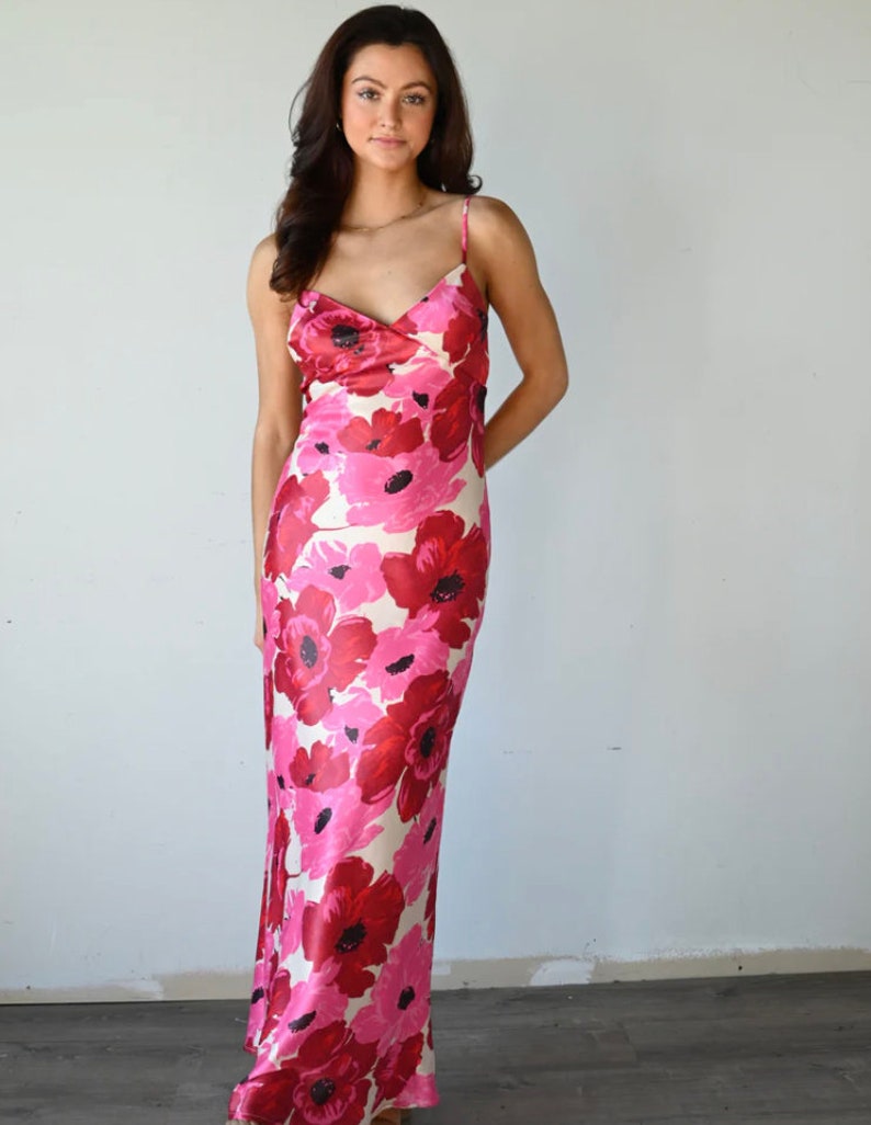 Pink Flower Print Satin Maxi Dress image 1