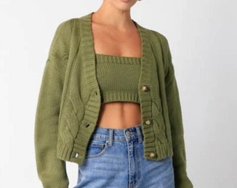 Olive Green Two Piece Cardigan Sweater