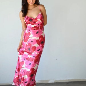 Pink Flower Print Satin Maxi Dress image 6