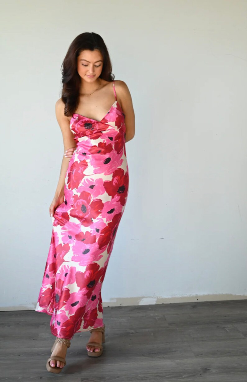 Pink Flower Print Satin Maxi Dress image 6