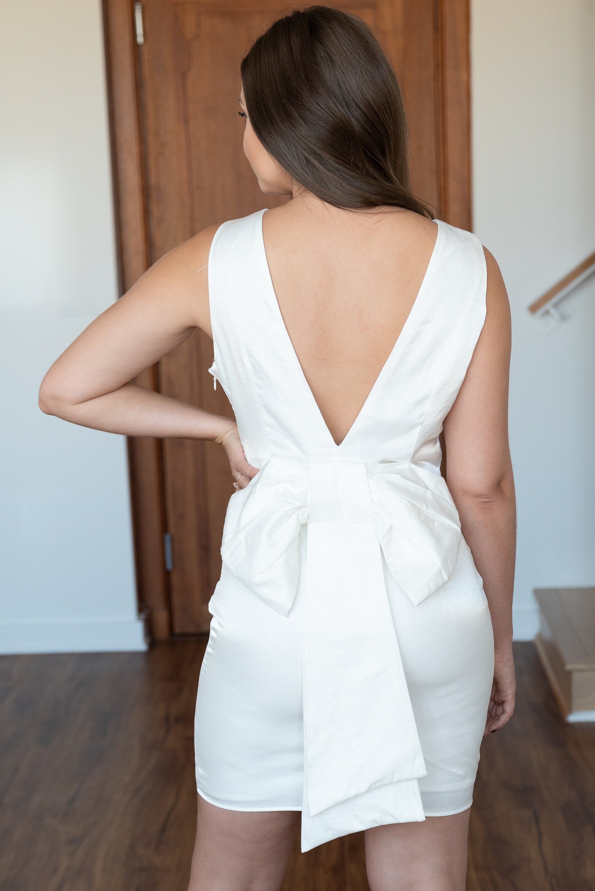 Pearl White bow dress for bridal shower, engagement photos, bachelorette party