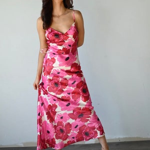 Pink Flower Print Satin Maxi Dress image 5