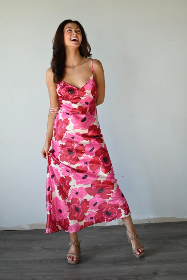 Pink Flower Print Satin Maxi Dress image 5