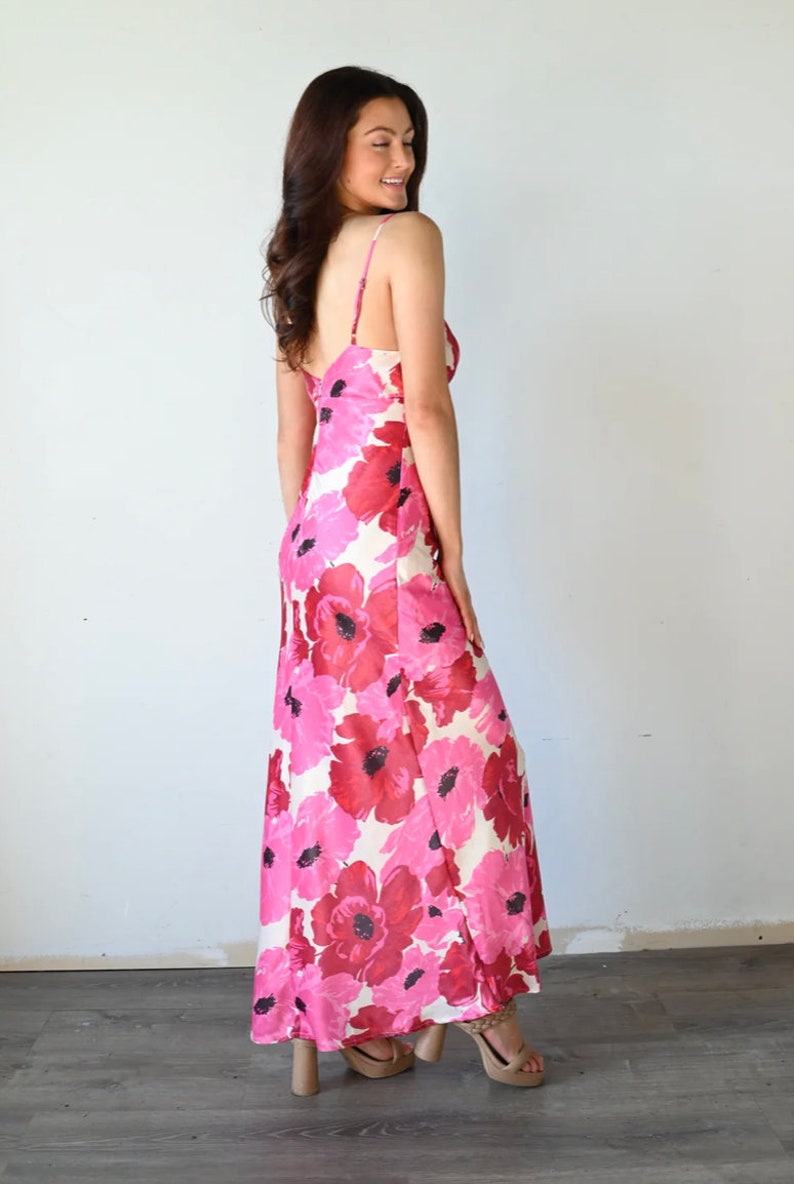 Pink Flower Print Satin Maxi Dress image 3