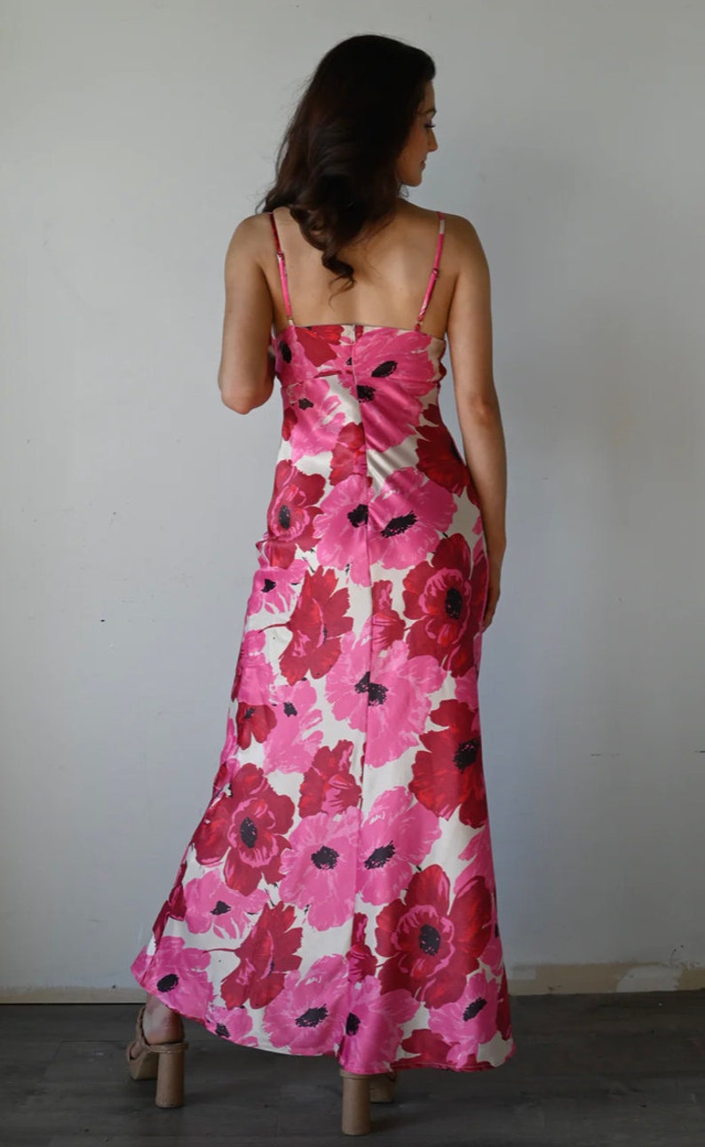 Pink Flower Print Satin Maxi Dress image 2