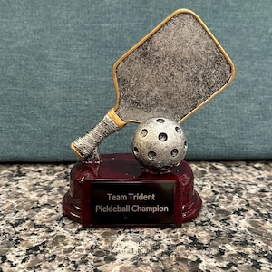 Puede incluir: Un trofeo de pickleball plateado y dorado con una base roja. La base tiene una placa negra con el texto "Team Trident Pickleball Champion".