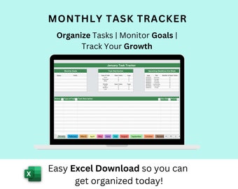 Aufgaben Tracker Excel Download | Organisieren Sie persönliche und professionelle Aufgaben und Ziele | Verfolge deine monatlichen Aufgaben