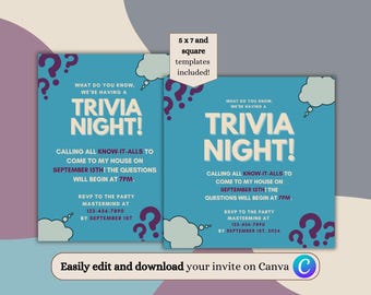 Trivia Night Party Digital einladen | Anpassbar und einfach zu bearbeiten | Punny Party Einladung | Quiz Party E-Einladen