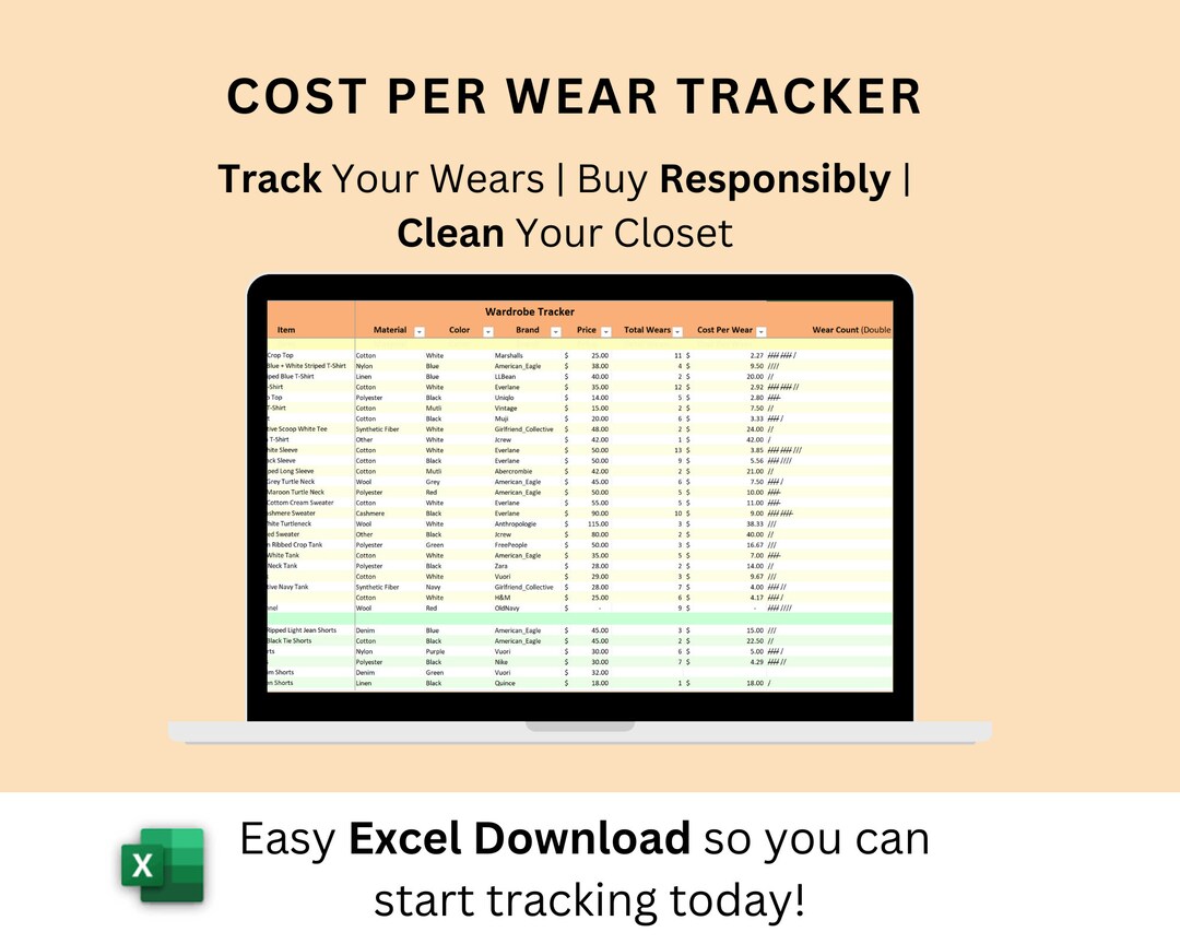 Cost per Wear Tracker Excel Template Digital Download Calculate Your