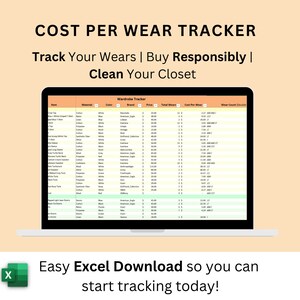 Könnte beinhalten: Ein Laptop-Bildschirm zeigt eine Tabellenkalkulation mit dem Titel "Wardrobe Tracker" mit Spalten für Artikel, Material, Farbe, Marke, Preis, Gesamtzahl der Tragezeiten, Kosten pro Tragezeit und doppelte Tragezeit. Die Tabellenkalkulation dient dazu, die Kosten pro Tragezeit von Kleidungsstücken zu verfolgen. Der Text "Cost Per Wear Tracker" wird in großen schwarzen Buchstaben oben im Bild angezeigt. Der Text "Track Your Wears | Buy Responsibly | Clean Your Closet" wird in kleineren schwarzen Buchstaben unter dem Titel angezeigt. Der Text "Easy Excel Download so you can start tracking today!" wird unten im Bild angezeigt.