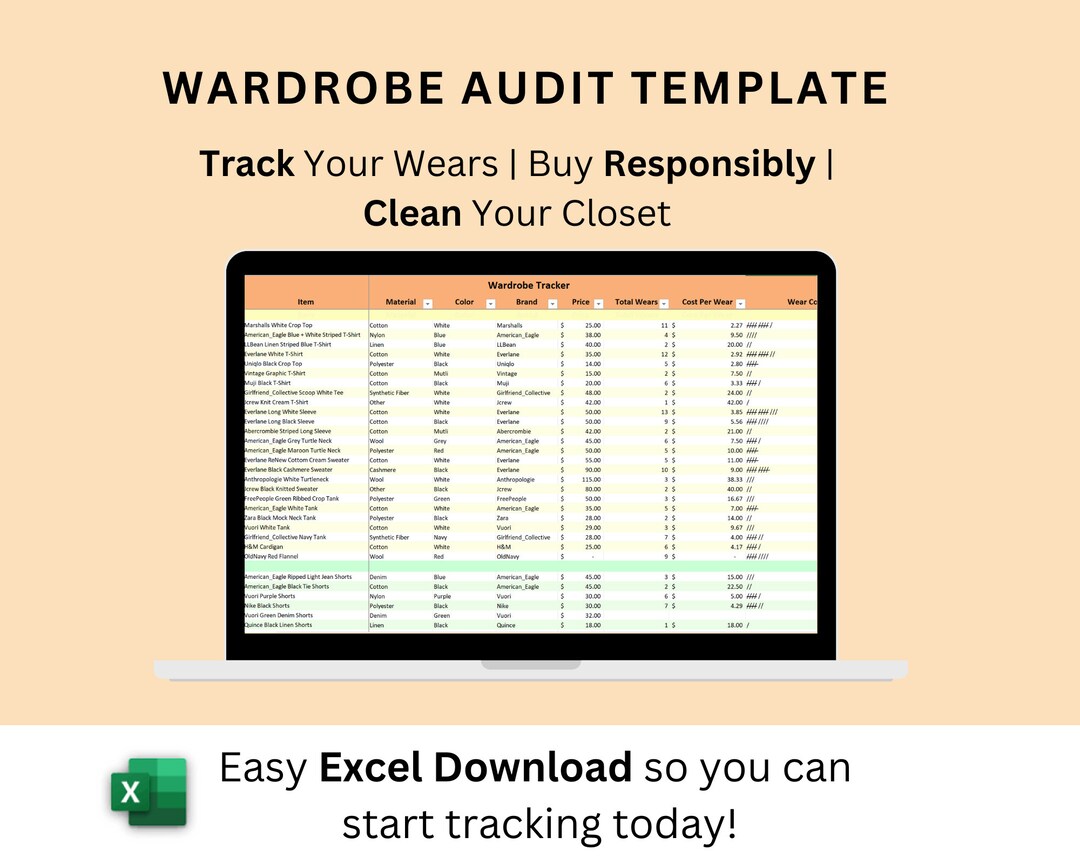 Wardrobe Audit Excel Template Digital Download Track Your Etsy