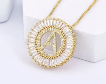 1pc Letter Cubic Zirconia Round Charm Necklace
