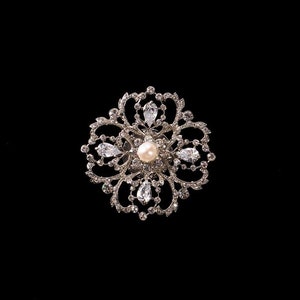Victorian Style Silver Crystal Rhinestone and Pearl Brooch Pin Rhodium Plated