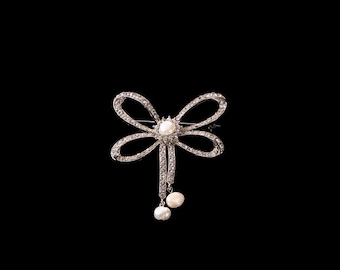 Art Deco Style Silver Crystal Rhinestone and Pearl Bow Cut Brooch Pin Rhodium Plated