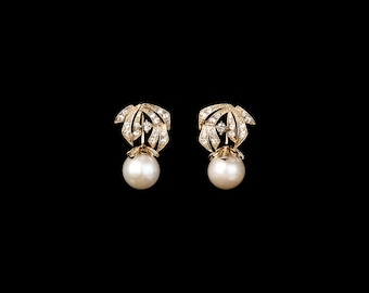 Art Deco Style 14K Gold Crystal Rhinestone and Freshwater Pearl Stud Earrings