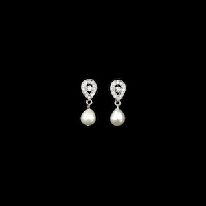 Viktorianischen Stil Silber Teardrop Kristall Strass und Süßwasser Perle Ohrringe rhodiniert