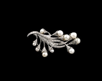 Art Deco Style Silver Floral Branch Pearl Brooch Pin Rhodium Plated
