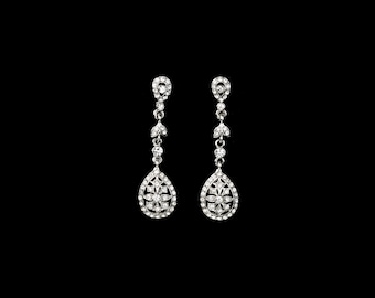 Victorian Style Silver Rhinestone Drop Earrings Rhodium Plated