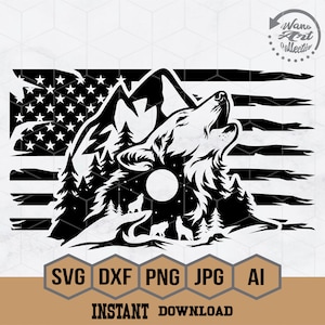 May include: Black and white silhouette of a wolf howling at the moon, set against a mountain range and an American flag. The image is a digital design for crafting projects.