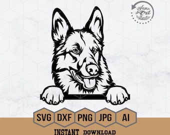 May include: Black and white silhouette of a German Shepherd dog peeking over a surface. The dog is smiling with its tongue sticking out. The image is a digital download for crafting projects.