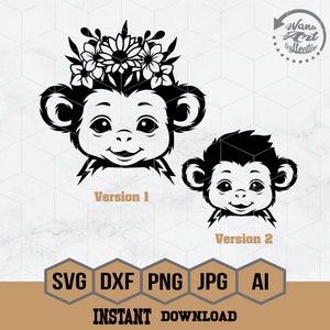Cute Floral Monkey Svg | Cute Monkey Face Svg | Monkey Svg | Baby Monkey Svg | Zoo Animals Svg | Cute Monkey Png | Cutting Files Dxf Eps Jpg
