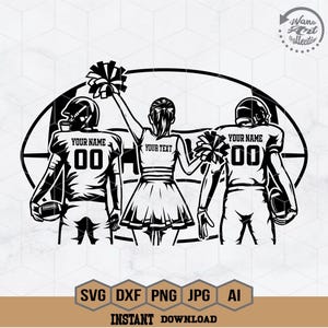 May include: Black and white illustration of a football player, a cheerleader, and another football player. The cheerleader is holding pom-poms and the football players are wearing jerseys with the text "YOUR NAME" and "00".