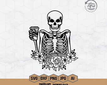 Skeleton Drinking Coffee Svg | Floral Skeleton Svg | Drinking Coffee Svg | Halloween Svg | Caffeinated Svg | Coffee Lover Svg | Skull Svg