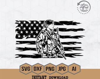 May include: Black and white illustration of a female soldier holding a rifle in front of a distressed American flag. The soldier is wearing a military uniform and a hat. The text "Wano Art Collective" is in the top right corner of the image.