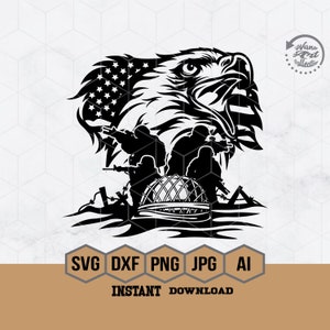 Patriotic Eagle SVG File | Military Combat Scene Svg | Patriotic T-shirt | Veteran Dad Shirt | Soldier Cut File | Combat Helmet Gear Stencil