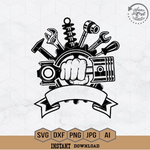 May include: Black and white illustration of a fist holding a piston with various tools and parts surrounding it. The tools include spanners, a spark plug, and a coil spring. The illustration is set against a white background.