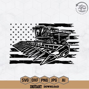 May include: Black and white silhouette of a combine harvester in front of an American flag. The combine harvester is a large agricultural machine used for harvesting crops.
