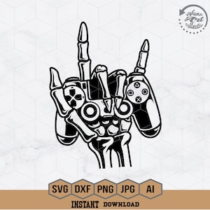 May include: Black and white graphic of a skeleton hand making a rock and roll gesture, with game controller designs integrated into the knuckles. The word "LOVE" is spelled out in the center. Includes file type icons and "INSTANT DOWNLOAD" text.