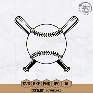 May include: Black and white illustration of a baseball and two crossed bats. The baseball has stitching details.