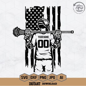 May include: Black and white illustration of a lacrosse player holding a lacrosse stick in front of a distressed American flag. The player is wearing a jersey with the text "YOUR NAME" and the number "00".