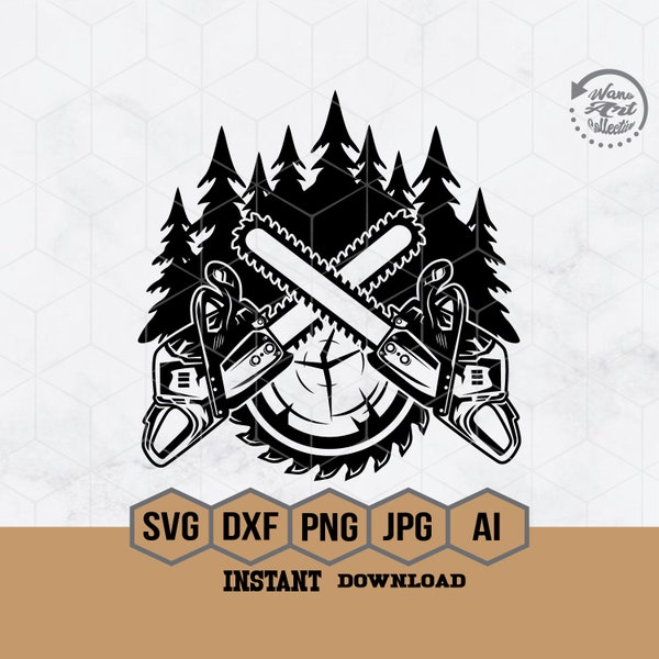 Lumberjack Scene Svg, Lamberjack Svg, Wood Saw Blade Svg, Wood Saw with Trees Clipart, Chainsaw Svg, Logging Svg, Logging Chainsaw Cutfile