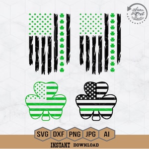 May include: Two distressed American flag designs with green shamrock patterns.  Below are two shamrock designs with the American flag pattern inside.