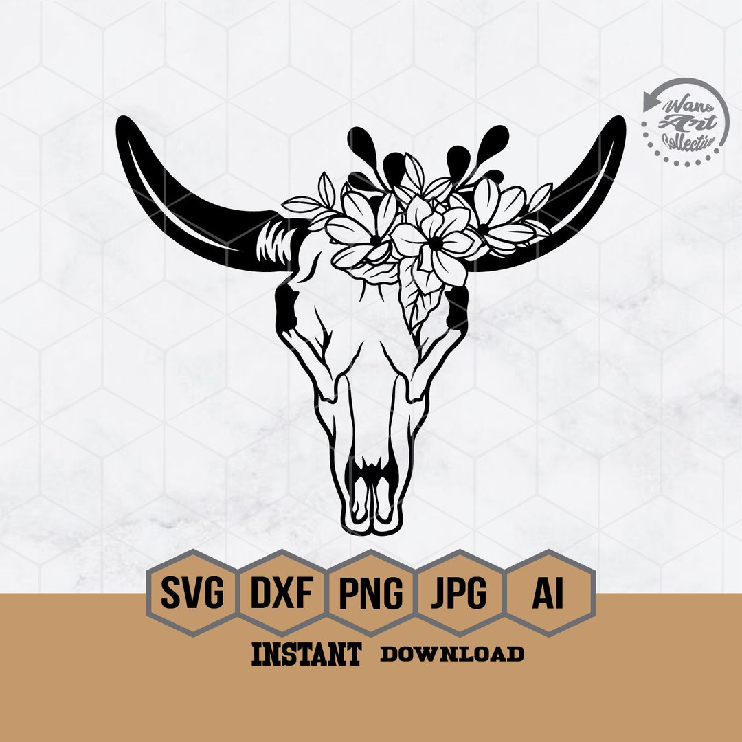 Cow Skull Svg, Cow Skull With Flower Svg, Floral Cow Clipart, Bull