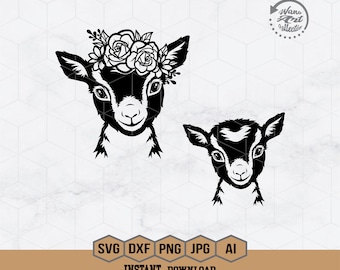 Cute Floral Goat Svg | Cute Goat Face Svg | Farm Goat Svg | Baby Goat Svg | Goat with Flowers Svg | Farm Animal Svg | Goat Png Dxf Eps Ai